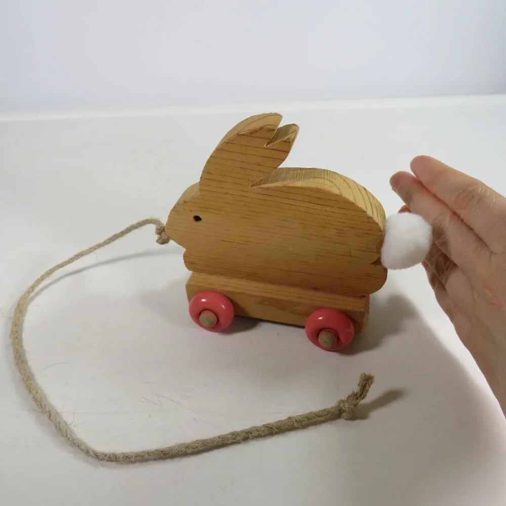 All Wood Bunny Rabbit Pull Toy with wood wheels (fabric tale) 4 1/2